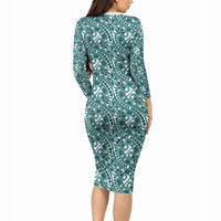 Hibiscus Bloom Island Tribal Waves Long Sleeve Bodycon Dress Teal Polynesian Pattern