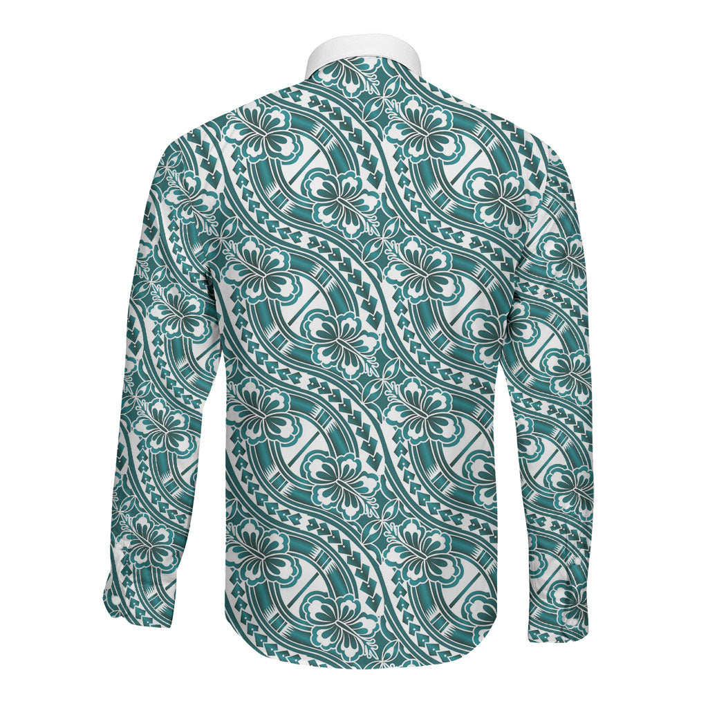 Hibiscus Bloom Island Tribal Waves Long Sleeve Button Shirt Teal Polynesian Pattern LT01 - Polynesian Pride