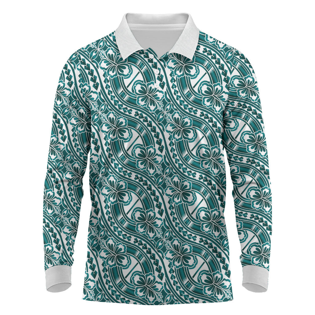 Hibiscus Bloom Island Tribal Waves Long Sleeve Polo Shirt Teal Polynesian Pattern