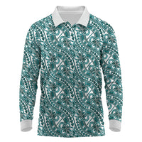 Hibiscus Bloom Island Tribal Waves Long Sleeve Polo Shirt Teal Polynesian Pattern