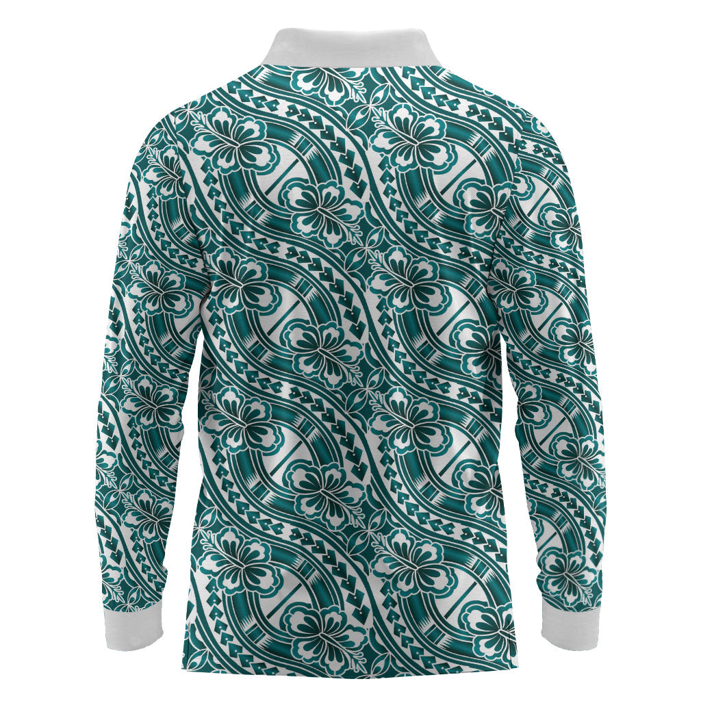 Hibiscus Bloom Island Tribal Waves Long Sleeve Polo Shirt Teal Polynesian Pattern
