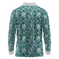 Hibiscus Bloom Island Tribal Waves Long Sleeve Polo Shirt Teal Polynesian Pattern