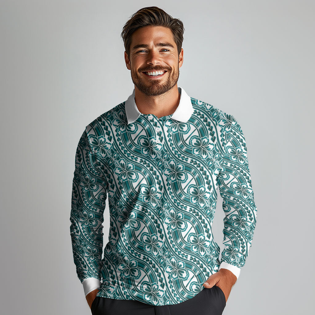 Hibiscus Bloom Island Tribal Waves Long Sleeve Polo Shirt Teal Polynesian Pattern