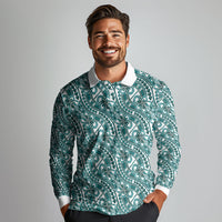 Hibiscus Bloom Island Tribal Waves Long Sleeve Polo Shirt Teal Polynesian Pattern