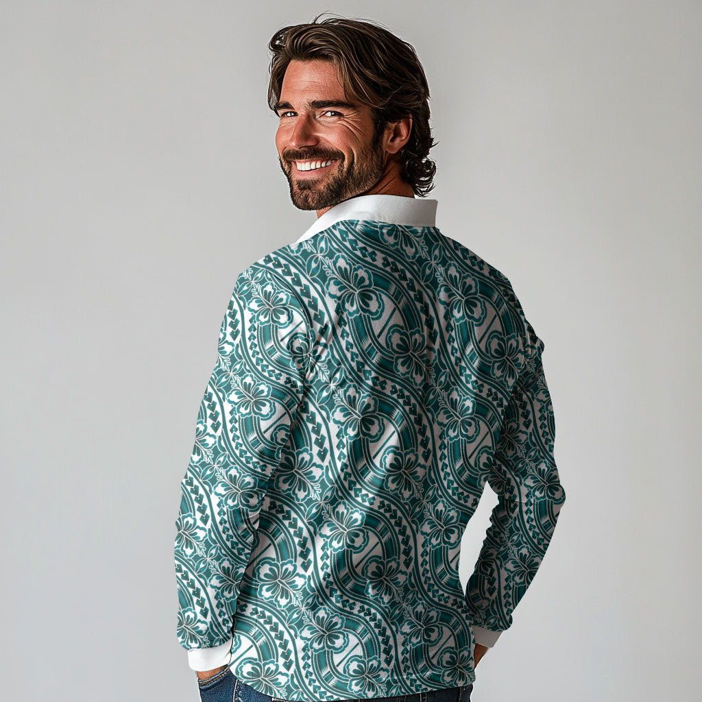 Hibiscus Bloom Island Tribal Waves Long Sleeve Polo Shirt Teal Polynesian Pattern