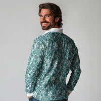 Hibiscus Bloom Island Tribal Waves Long Sleeve Polo Shirt Teal Polynesian Pattern