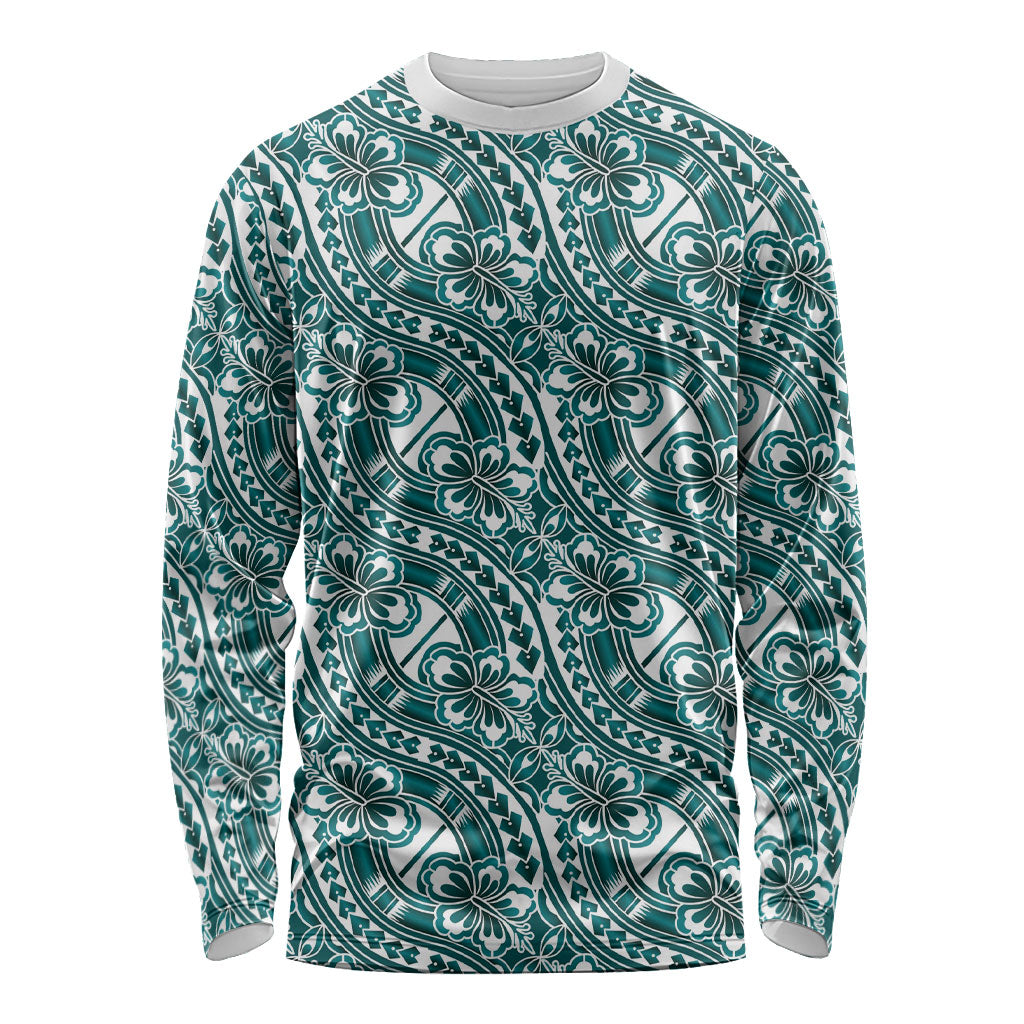 Hibiscus Bloom Island Tribal Waves Long Sleeve Shirt Teal Polynesian Pattern