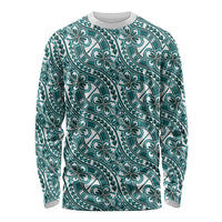 Hibiscus Bloom Island Tribal Waves Long Sleeve Shirt Teal Polynesian Pattern