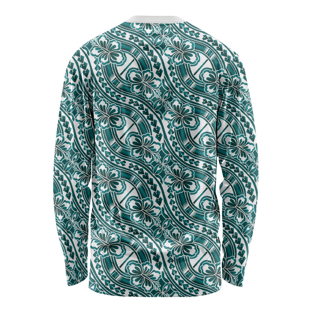 Hibiscus Bloom Island Tribal Waves Long Sleeve Shirt Teal Polynesian Pattern