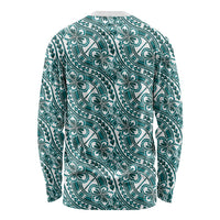 Hibiscus Bloom Island Tribal Waves Long Sleeve Shirt Teal Polynesian Pattern