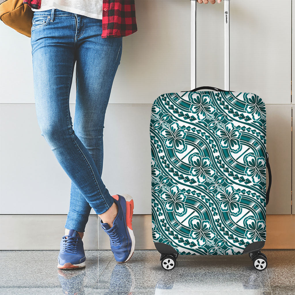Hibiscus Bloom Island Tribal Waves Luggage Cover Teal Polynesian Pattern