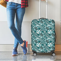 Hibiscus Bloom Island Tribal Waves Luggage Cover Teal Polynesian Pattern