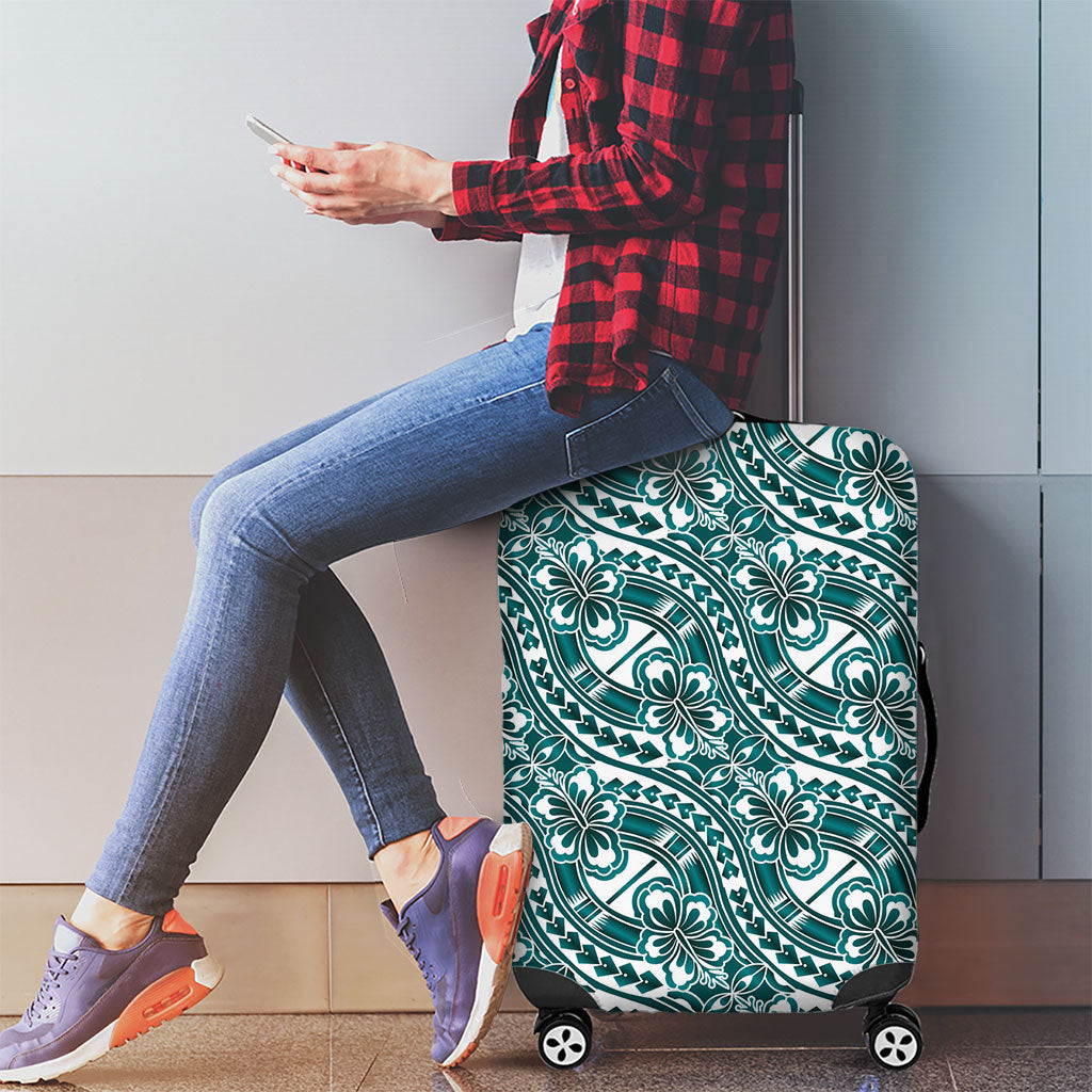 Hibiscus Bloom Island Tribal Waves Luggage Cover Teal Polynesian Pattern