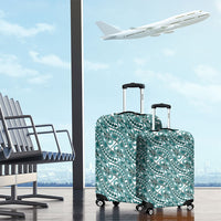 Hibiscus Bloom Island Tribal Waves Luggage Cover Teal Polynesian Pattern