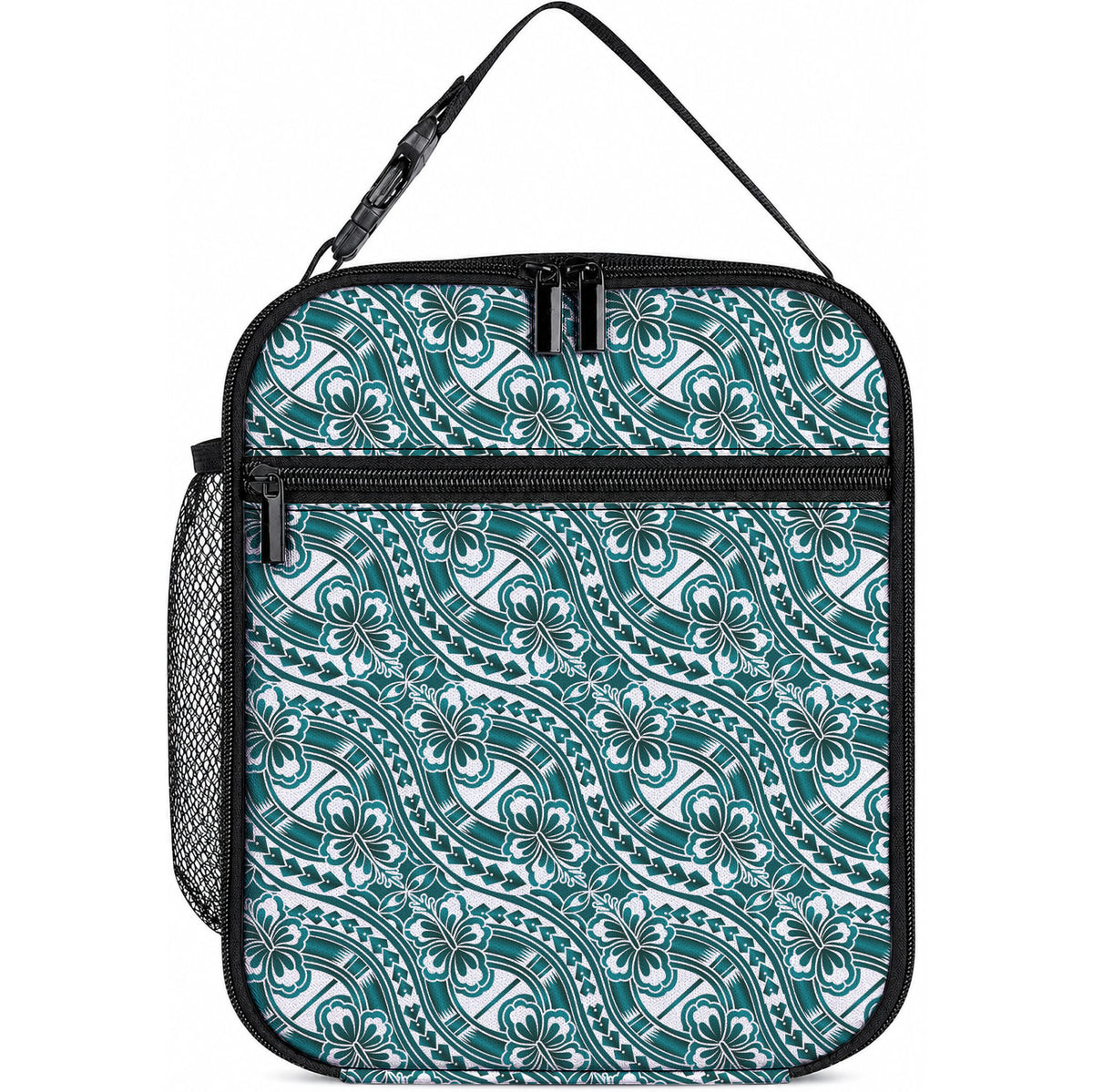 Hibiscus Bloom Island Tribal Waves Lunch Bag Teal Polynesian Pattern