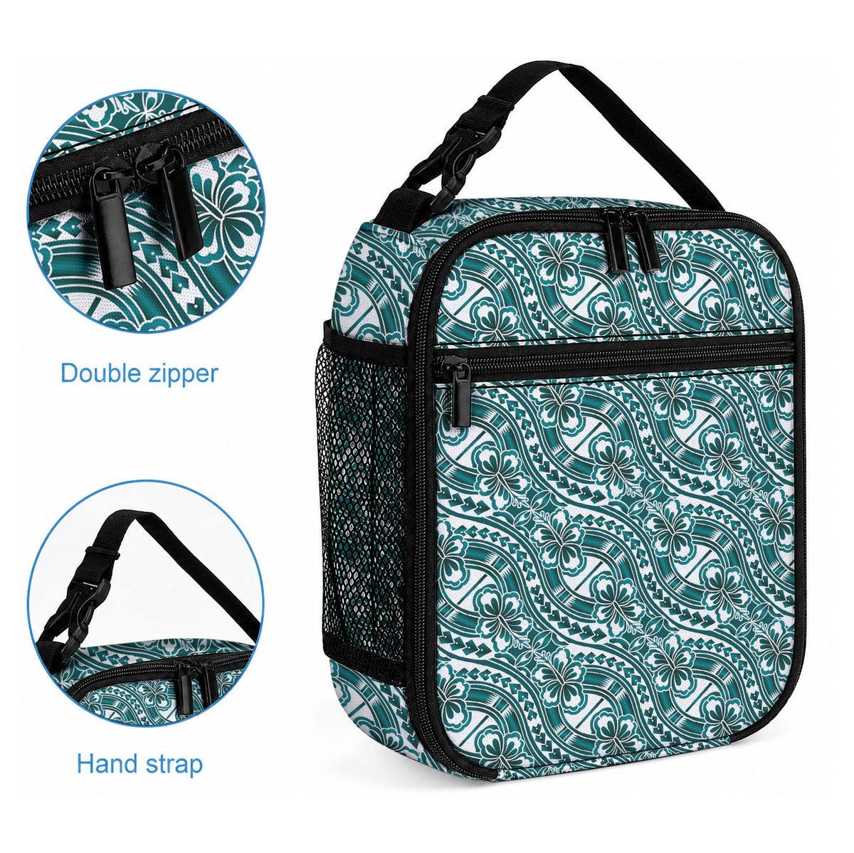 Hibiscus Bloom Island Tribal Waves Lunch Bag Teal Polynesian Pattern
