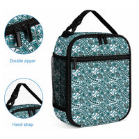 Hibiscus Bloom Island Tribal Waves Lunch Bag Teal Polynesian Pattern