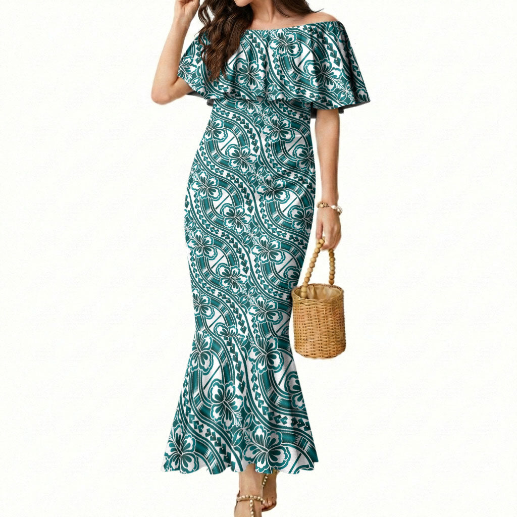 Hibiscus Bloom Island Tribal Waves Mermaid Dress Teal Polynesian Pattern LT01 Women Teal - Polynesian Pride