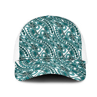 Hibiscus Bloom Island Tribal Waves Mesh Trucker Cap Teal Polynesian Pattern