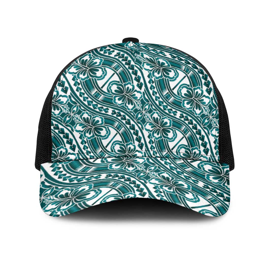 Hibiscus Bloom Island Tribal Waves Mesh Trucker Cap Teal Polynesian Pattern