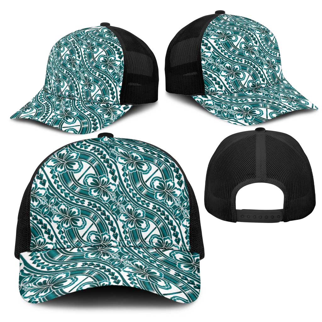 Hibiscus Bloom Island Tribal Waves Mesh Trucker Cap Teal Polynesian Pattern