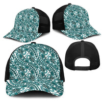 Hibiscus Bloom Island Tribal Waves Mesh Trucker Cap Teal Polynesian Pattern