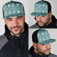 Hibiscus Bloom Island Tribal Waves Mesh Trucker Cap Teal Polynesian Pattern