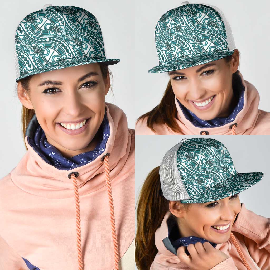 Hibiscus Bloom Island Tribal Waves Mesh Trucker Cap Teal Polynesian Pattern
