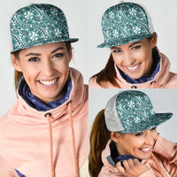 Hibiscus Bloom Island Tribal Waves Mesh Trucker Cap Teal Polynesian Pattern