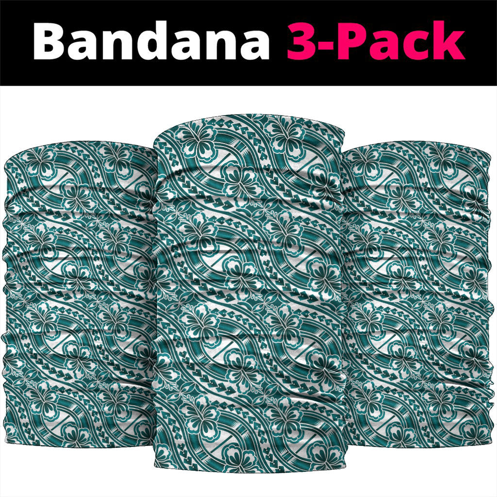 Hibiscus Bloom Island Tribal Waves Neck Gaiter Teal Polynesian Pattern