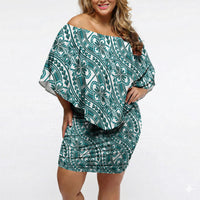Hibiscus Bloom Island Tribal Waves Off Shoulder Short Dress Teal Polynesian Pattern