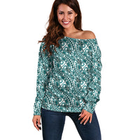 Hibiscus Bloom Island Tribal Waves Off Shoulder Sweater Teal Polynesian Pattern