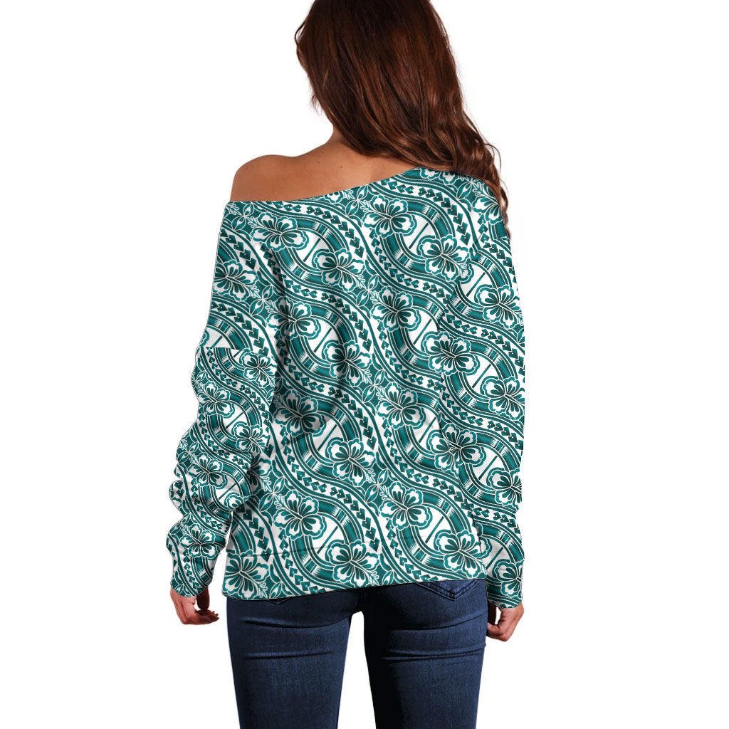 Hibiscus Bloom Island Tribal Waves Off Shoulder Sweater Teal Polynesian Pattern