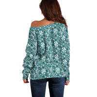 Hibiscus Bloom Island Tribal Waves Off Shoulder Sweater Teal Polynesian Pattern