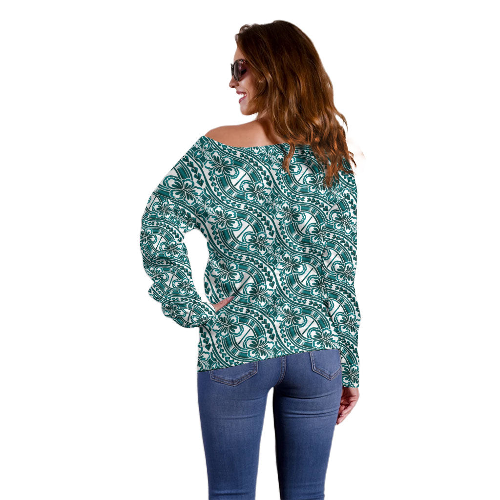 Hibiscus Bloom Island Tribal Waves Off Shoulder Sweater Teal Polynesian Pattern