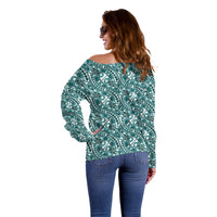 Hibiscus Bloom Island Tribal Waves Off Shoulder Sweater Teal Polynesian Pattern