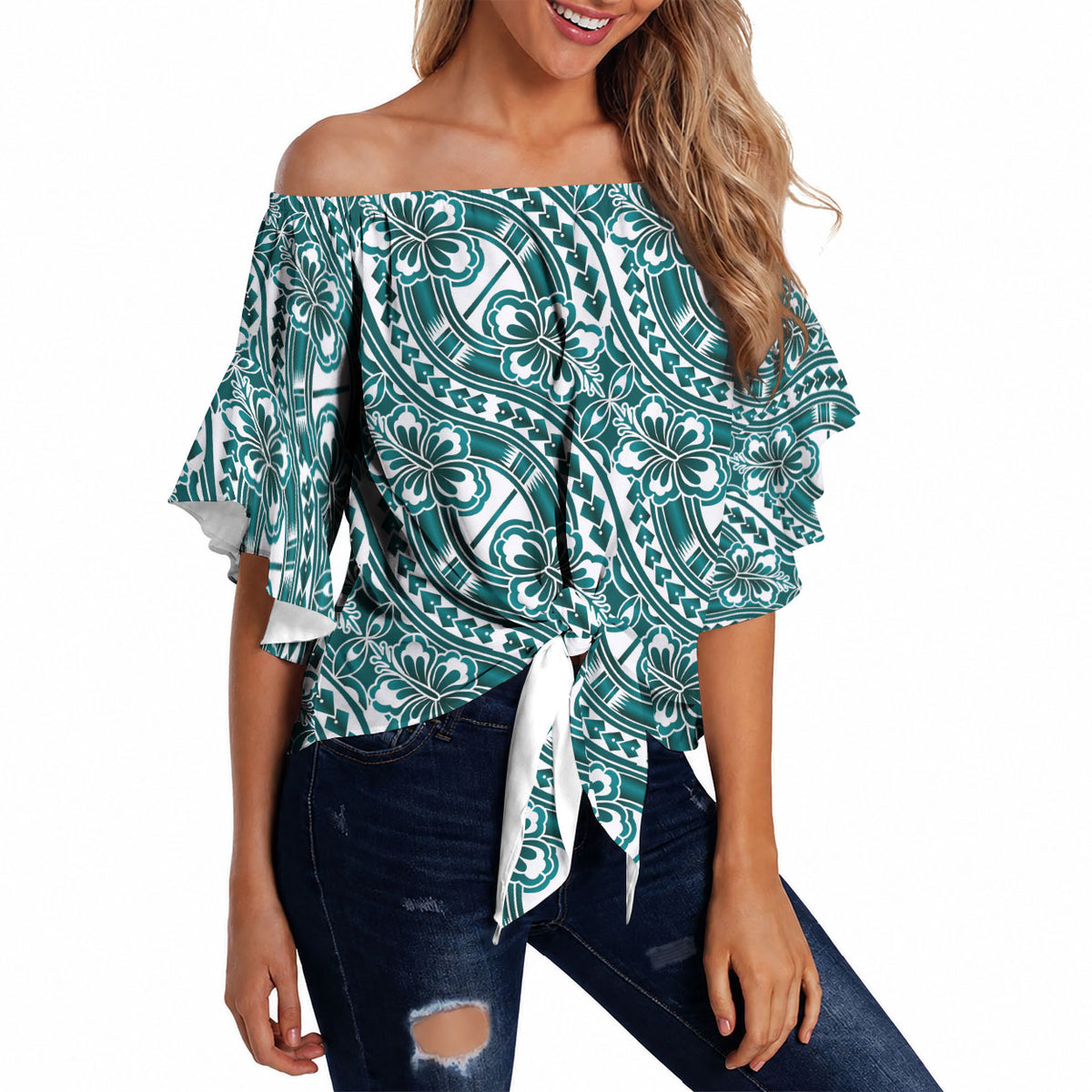 Hibiscus Bloom Island Tribal Waves Off Shoulder Wrap Waist Top Teal Polynesian Pattern