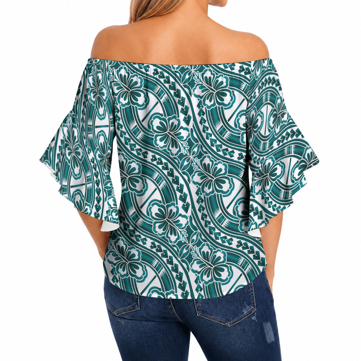Hibiscus Bloom Island Tribal Waves Off Shoulder Wrap Waist Top Teal Polynesian Pattern