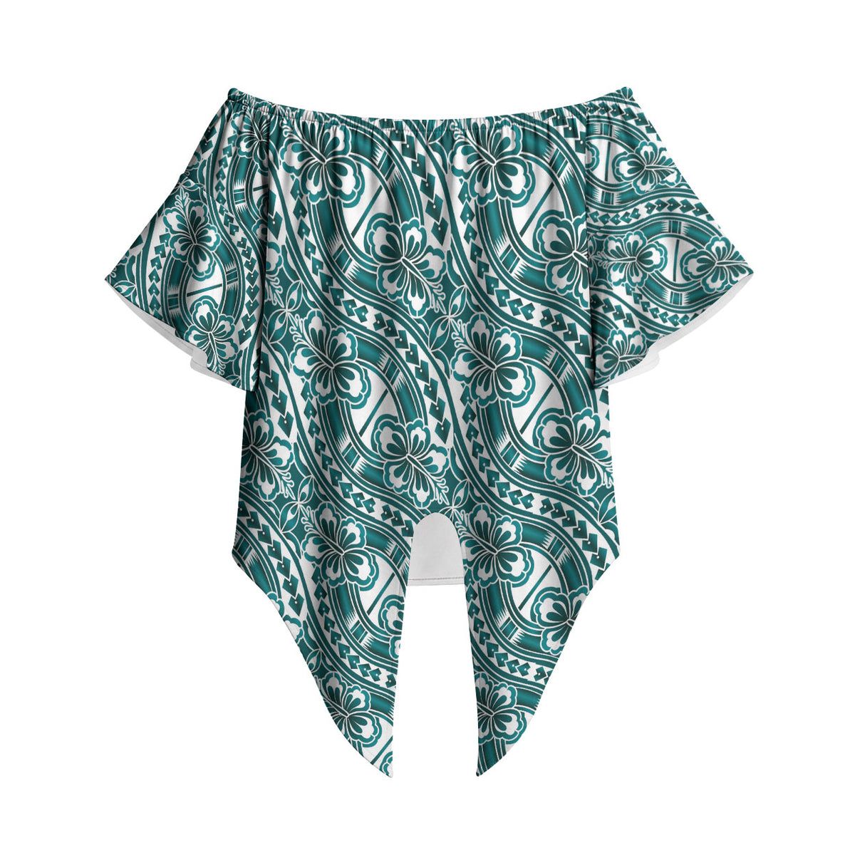 Hibiscus Bloom Island Tribal Waves Off Shoulder Wrap Waist Top Teal Polynesian Pattern