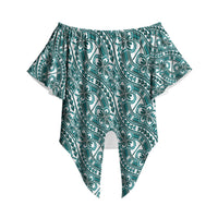 Hibiscus Bloom Island Tribal Waves Off Shoulder Wrap Waist Top Teal Polynesian Pattern