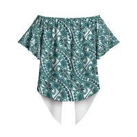 Hibiscus Bloom Island Tribal Waves Off Shoulder Wrap Waist Top Teal Polynesian Pattern