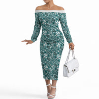 Hibiscus Bloom Island Tribal Waves Off The Shoulder Long Sleeve Dress Teal Polynesian Pattern LT01 Women Teal - Polynesian Pride