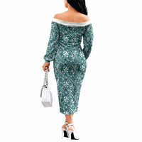Hibiscus Bloom Island Tribal Waves Off The Shoulder Long Sleeve Dress Teal Polynesian Pattern LT01 - Polynesian Pride