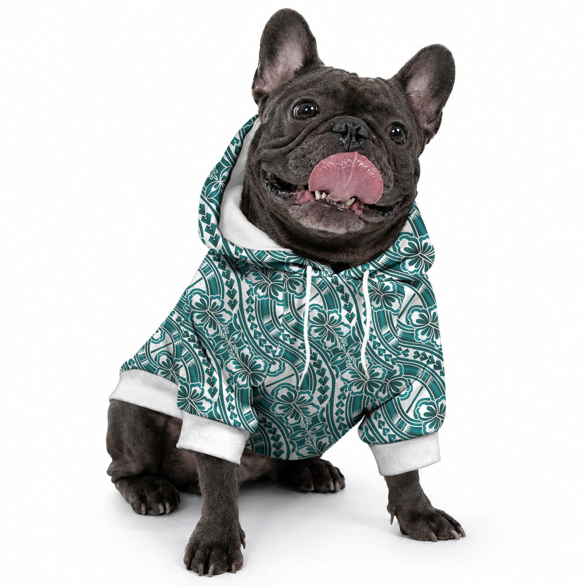 Hibiscus Bloom Island Tribal Waves Pet Hoodie Teal Polynesian Pattern