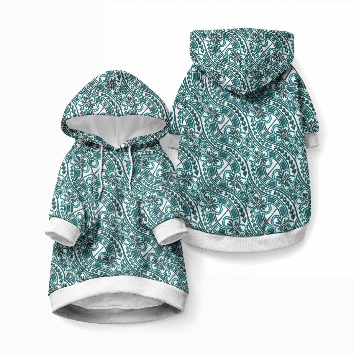 Hibiscus Bloom Island Tribal Waves Pet Hoodie Teal Polynesian Pattern