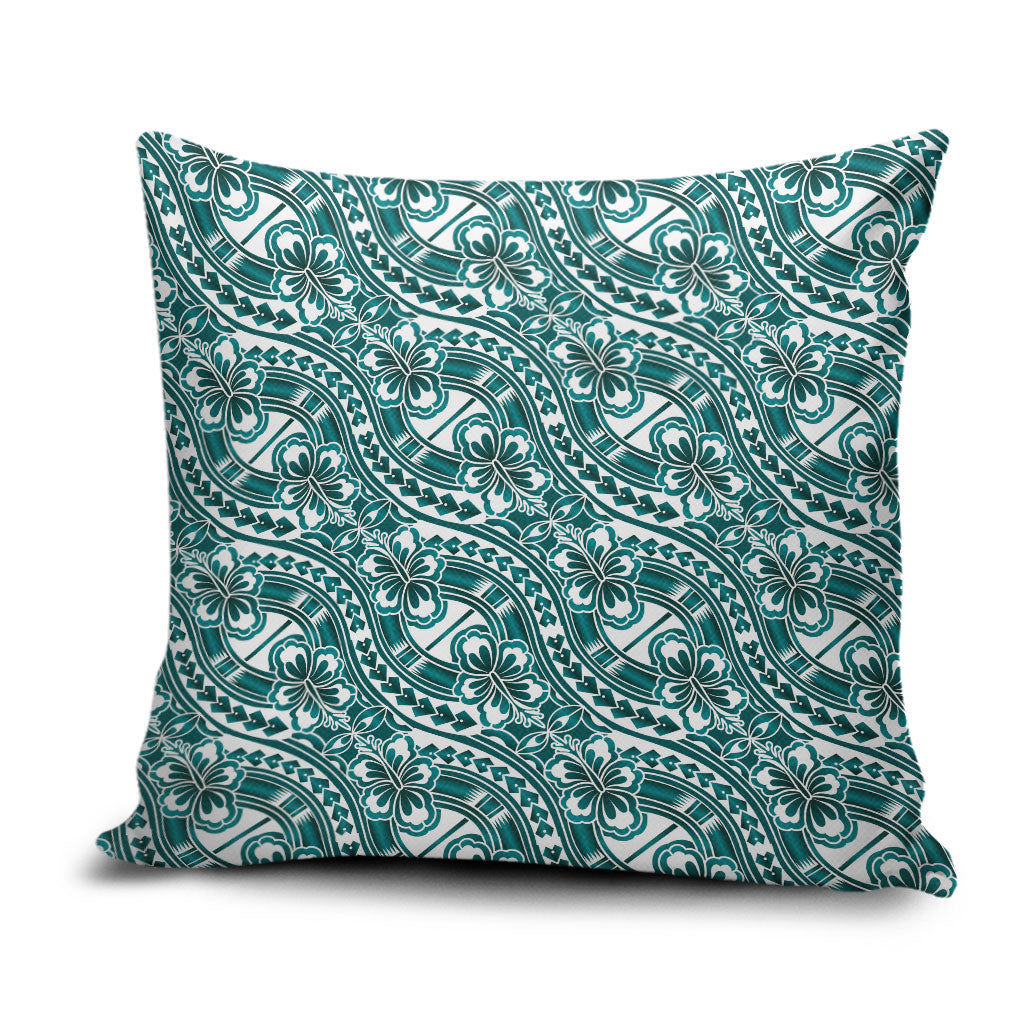 Hibiscus Bloom Island Tribal Waves Pillow Cover Teal Polynesian Pattern