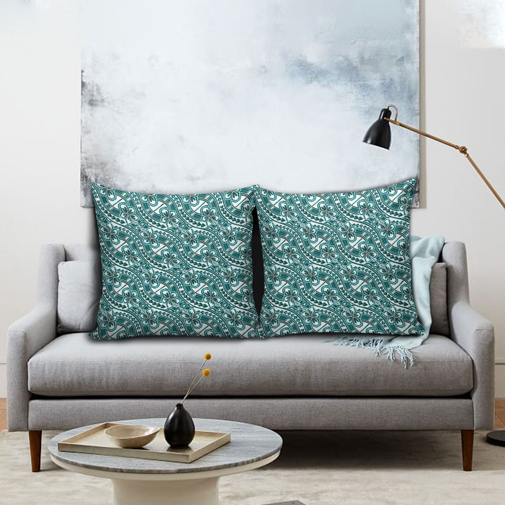 Hibiscus Bloom Island Tribal Waves Pillow Cover Teal Polynesian Pattern