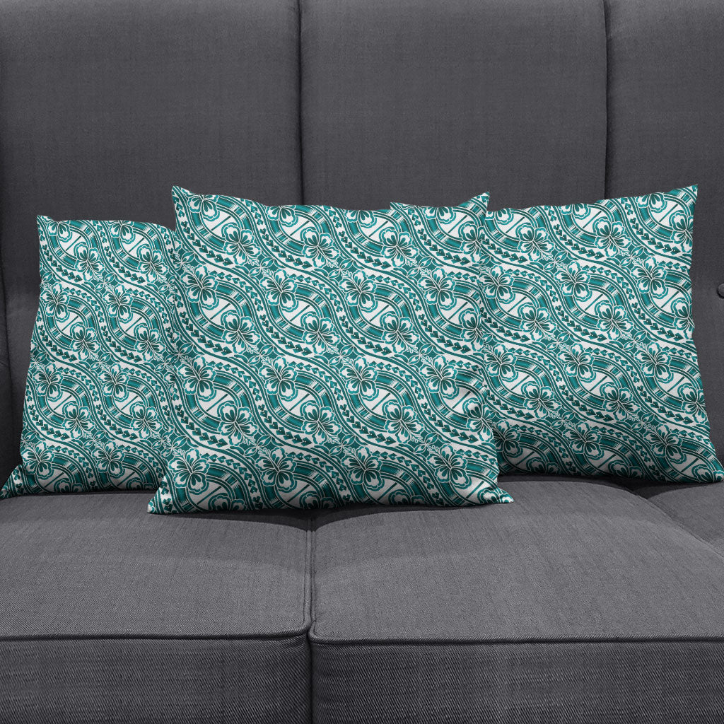 Hibiscus Bloom Island Tribal Waves Pillow Cover Teal Polynesian Pattern