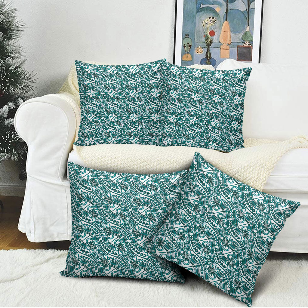Hibiscus Bloom Island Tribal Waves Pillow Cover Teal Polynesian Pattern