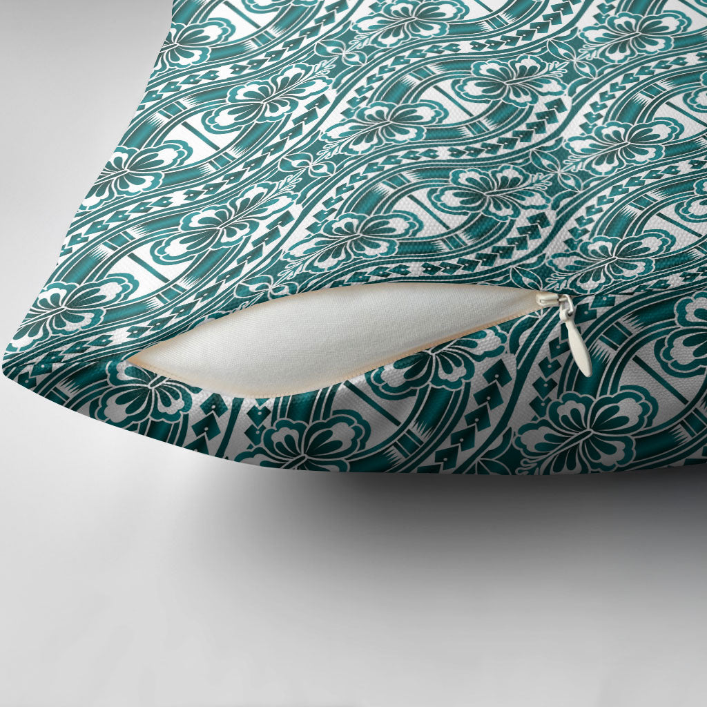 Hibiscus Bloom Island Tribal Waves Pillow Cover Teal Polynesian Pattern
